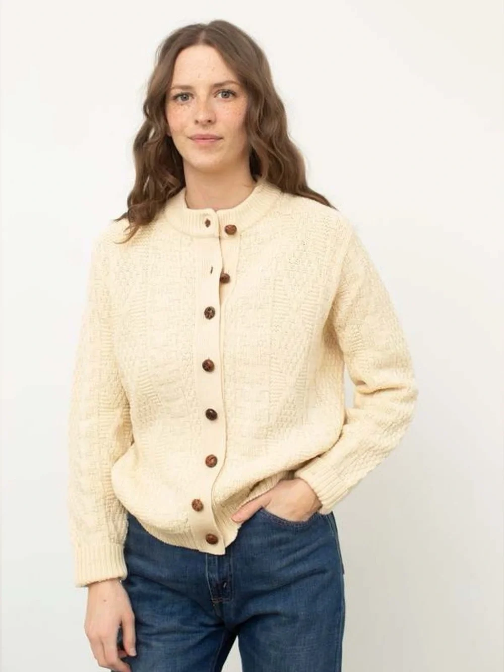 VTG 100% cotton Cream Textured Button-Up Women's Sweater - Picture 9 of 9